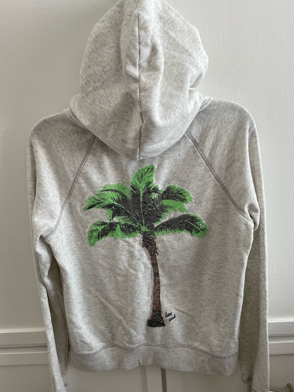 Pink VS Light Gray Hoodie with Sequins Palm Tree Full Front Zip Excellent Shape